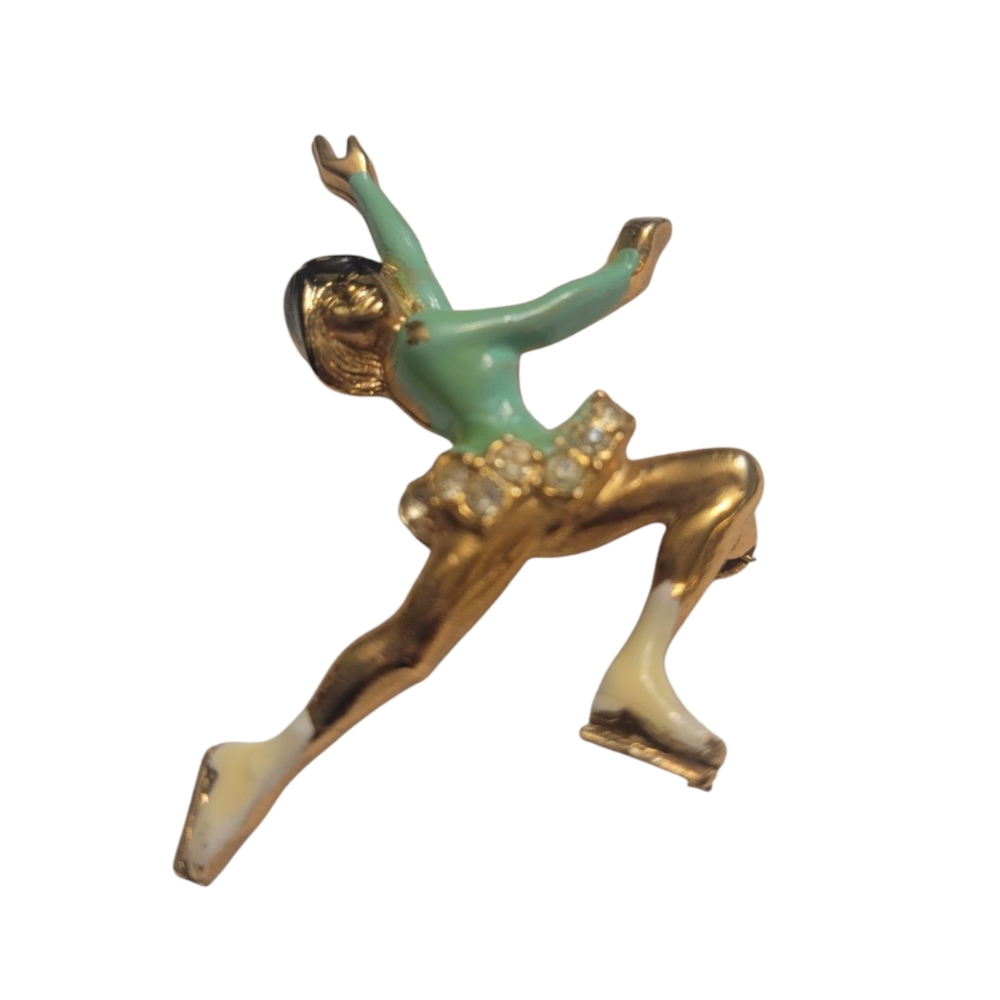 Vintage Gold and Green Ice Skater Brooch
